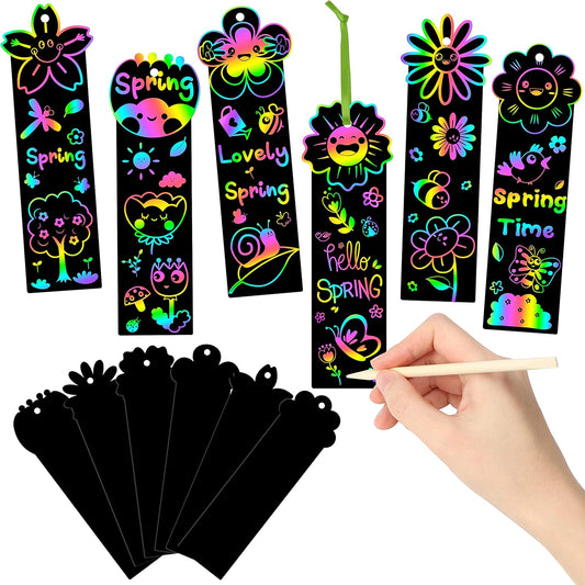 HubirdSall 60Pcs Spring Flowers Scratch Bookmarks for Kids Springtime Magic Art Color Craft Kit for School Classroom DIY Craft Activity Art Project Party Favor Hanging Gift Tag