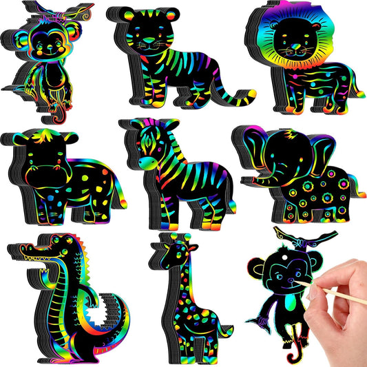 RoundFunny 80 Pcs Jungle Safari Animal Scratch Cards Party Favors Colorful Wild Scratch Painting Paper for Kids DIY Art Craft Kit with 80 Pcs Stick and Ribbon for Birthday Party Ornaments