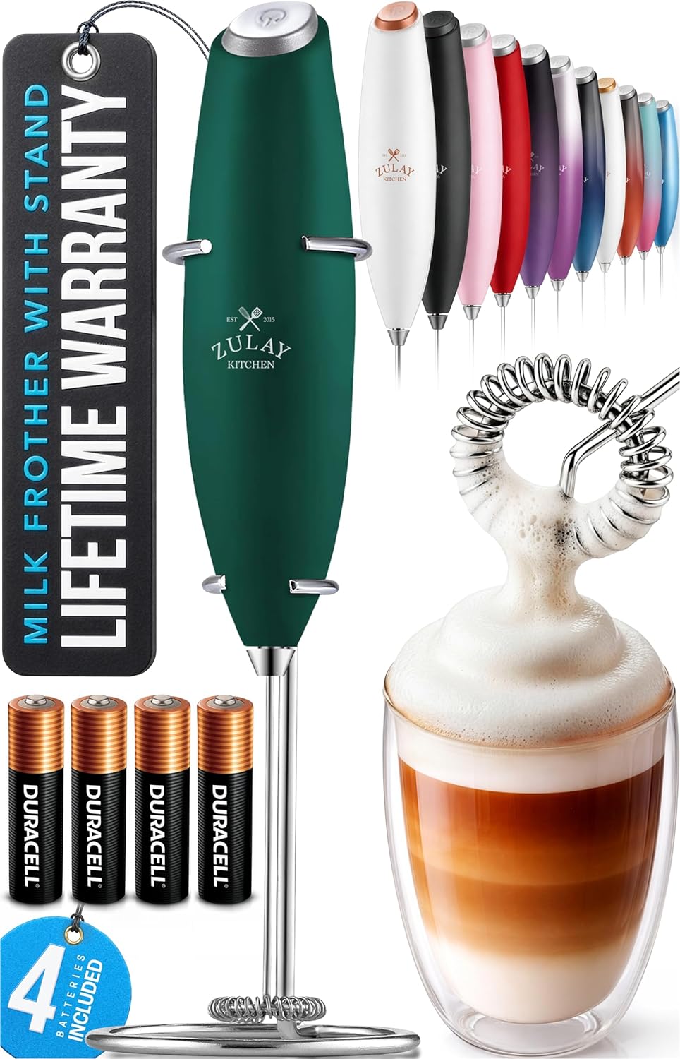 Zulay Kitchen Powerful Milk Frother Wand With Duracell Batteries - Ultra Fast Handheld Drink Mixer - Electric Whisk Foam Maker for Coffee, Lattes, Cappuccino & Matcha - Z1 Motor - Black - Colors A