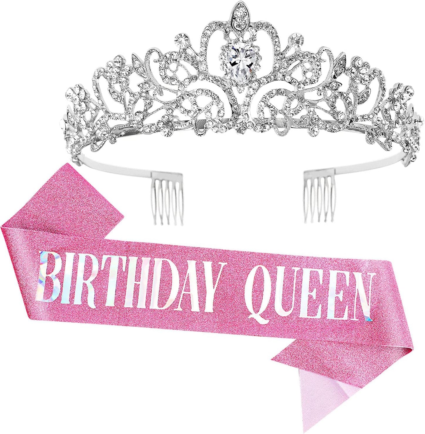COCIDE Birthday Queen Sash & Rhinestone Tiara Set Gold Happy Birthday Crowns for Women Party Decoration Kit Rhinestone Headband for Women Glitter Crystal Hair Accessories for Cake Topper