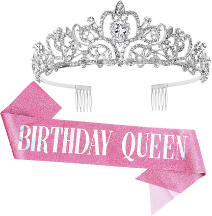 COCIDE Birthday Queen Sash & Rhinestone Tiara Set Gold Happy Birthday Crowns for Women Party Decoration Kit Rhinestone Headband for Women Glitter Crystal Hair Accessories for Cake Topper