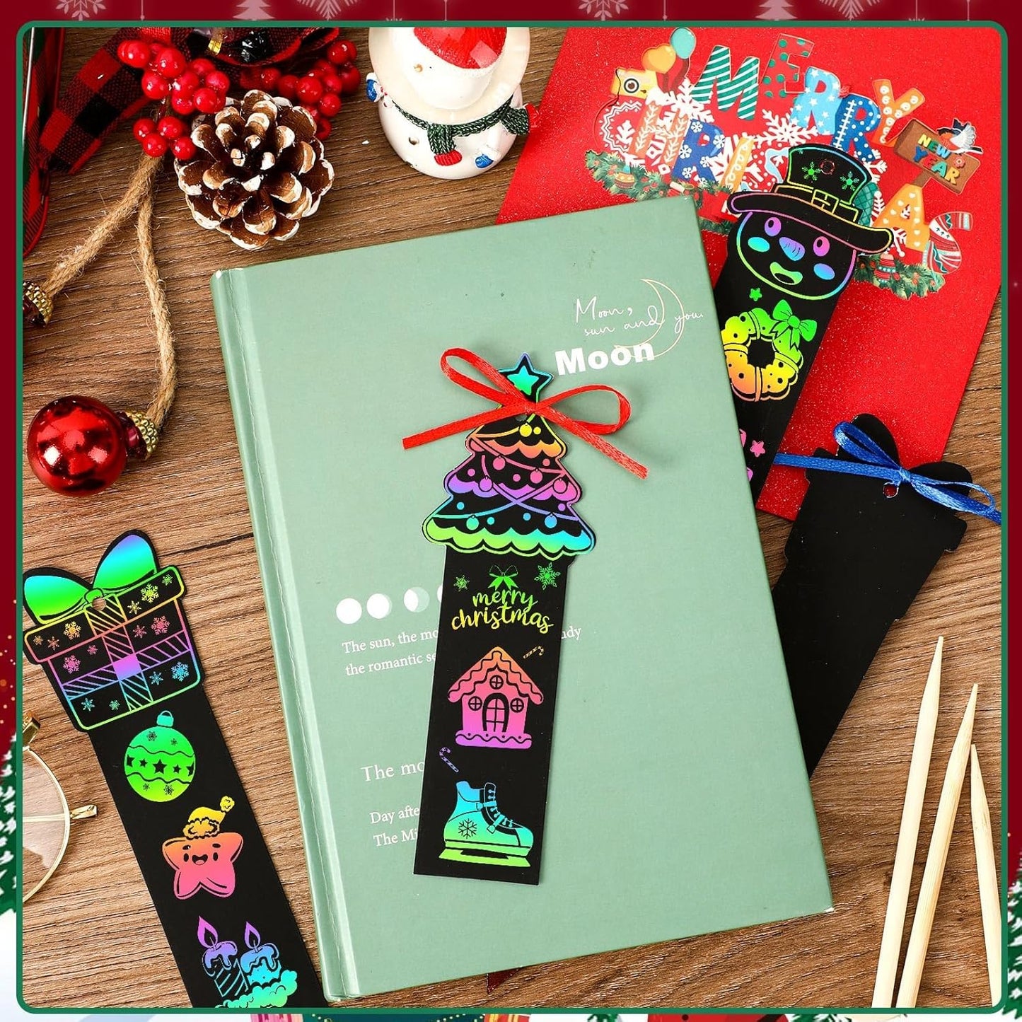 JUNEBRUSHS 30Pcs Ocean Crafts, Rainbow Magic Ocean Animals Scratch Bookmarks Under The Sea Party Favors Games for Activities Summer Arts and Crafts