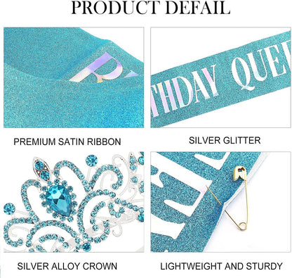 COCIDE Birthday Queen Sash & Rhinestone Tiara Set Gold Happy Birthday Crowns for Women Party Decoration Kit Rhinestone Headband for Women Glitter Crystal Hair Accessories for Cake Topper