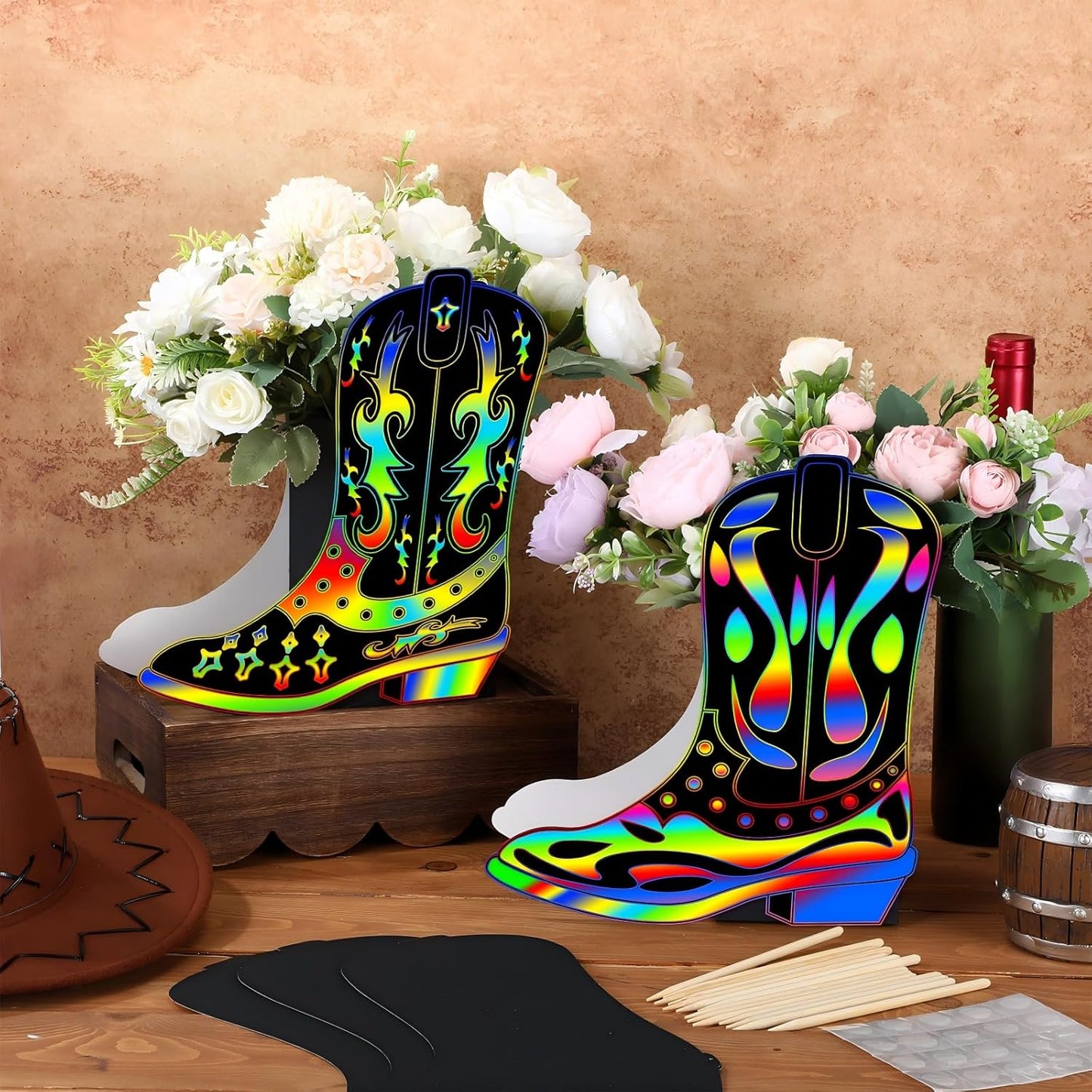 Dunzoom 8 Set DIY Western Cowboy Boots Flower Boxes Crafts Western Cowgirl Centerpiece for Table Cowboy Boot Scratch Art Kit Cowgirl Flower Boxes to Paint Wedding Birthday Party Supplies(Brown)