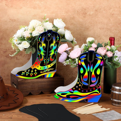 Dunzoom 8 Set DIY Western Cowboy Boots Flower Boxes Crafts Western Cowgirl Centerpiece for Table Cowboy Boot Scratch Art Kit Cowgirl Flower Boxes to Paint Wedding Birthday Party Supplies(Brown)