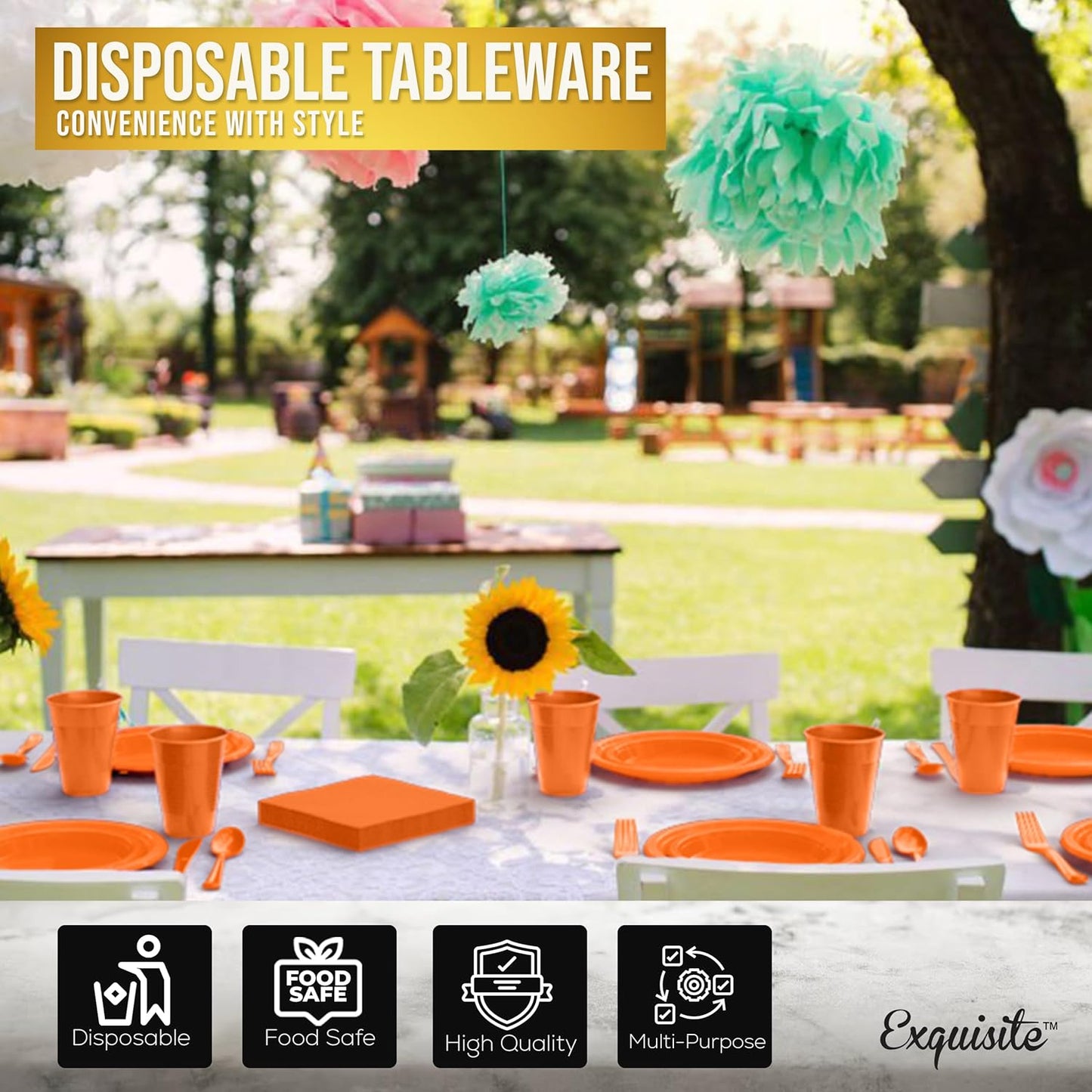 350 Pcs Black Plastic Plates For Party, Black Disposable Plates Set, 50 Of Each 9" Dinner Plate Set, 7" Dessert Plate, Cups, Napkins & Cutlery Plastic Dinnerware Set Exquisite