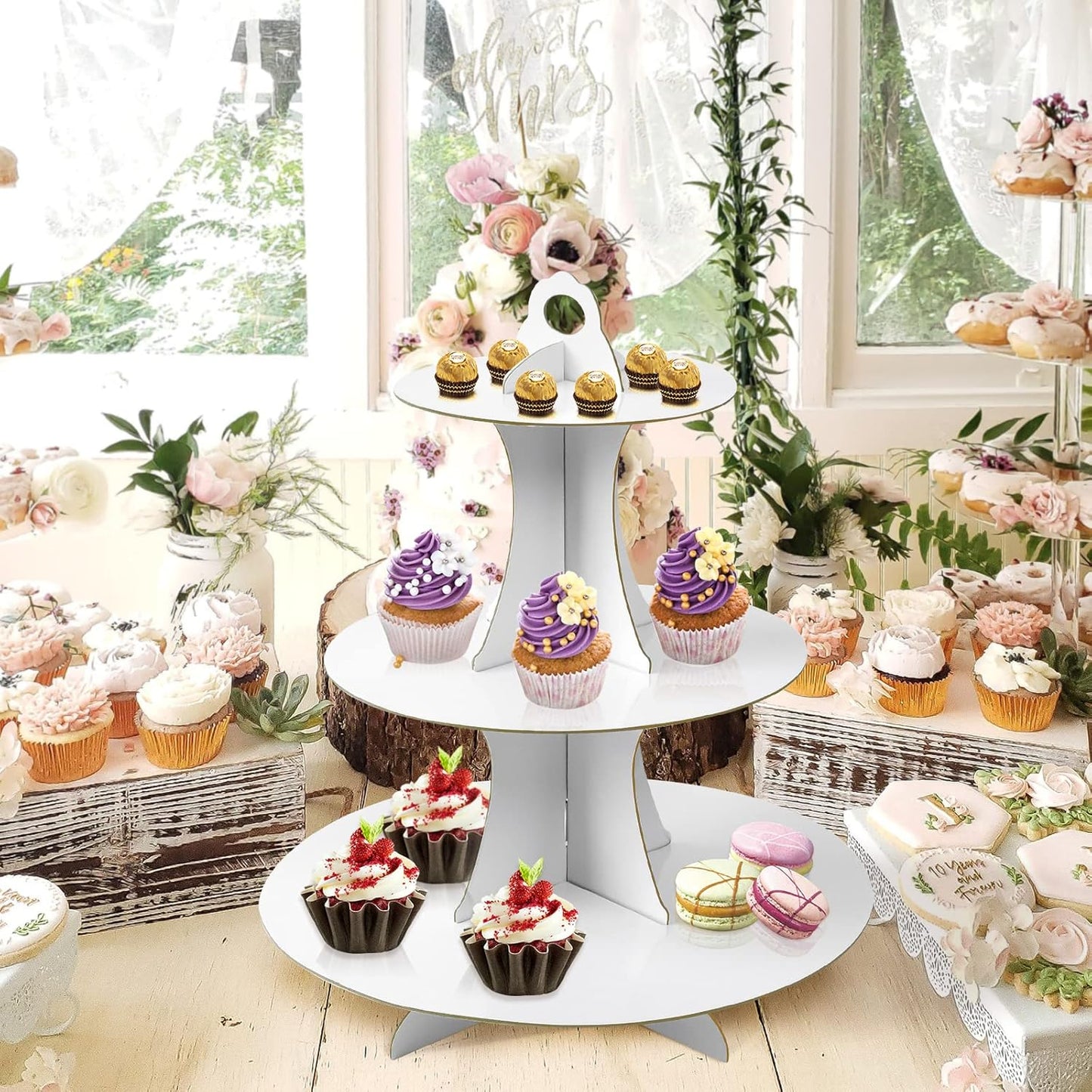 Soleebee 3-Tier Round Cupcake Stand, Cardboard Cupcake Tower, Dessert Cup Cake Stand Tower for Birthday Wedding Party Decoration, Cupcake Tier Stand 1 Set (Hot Pink)