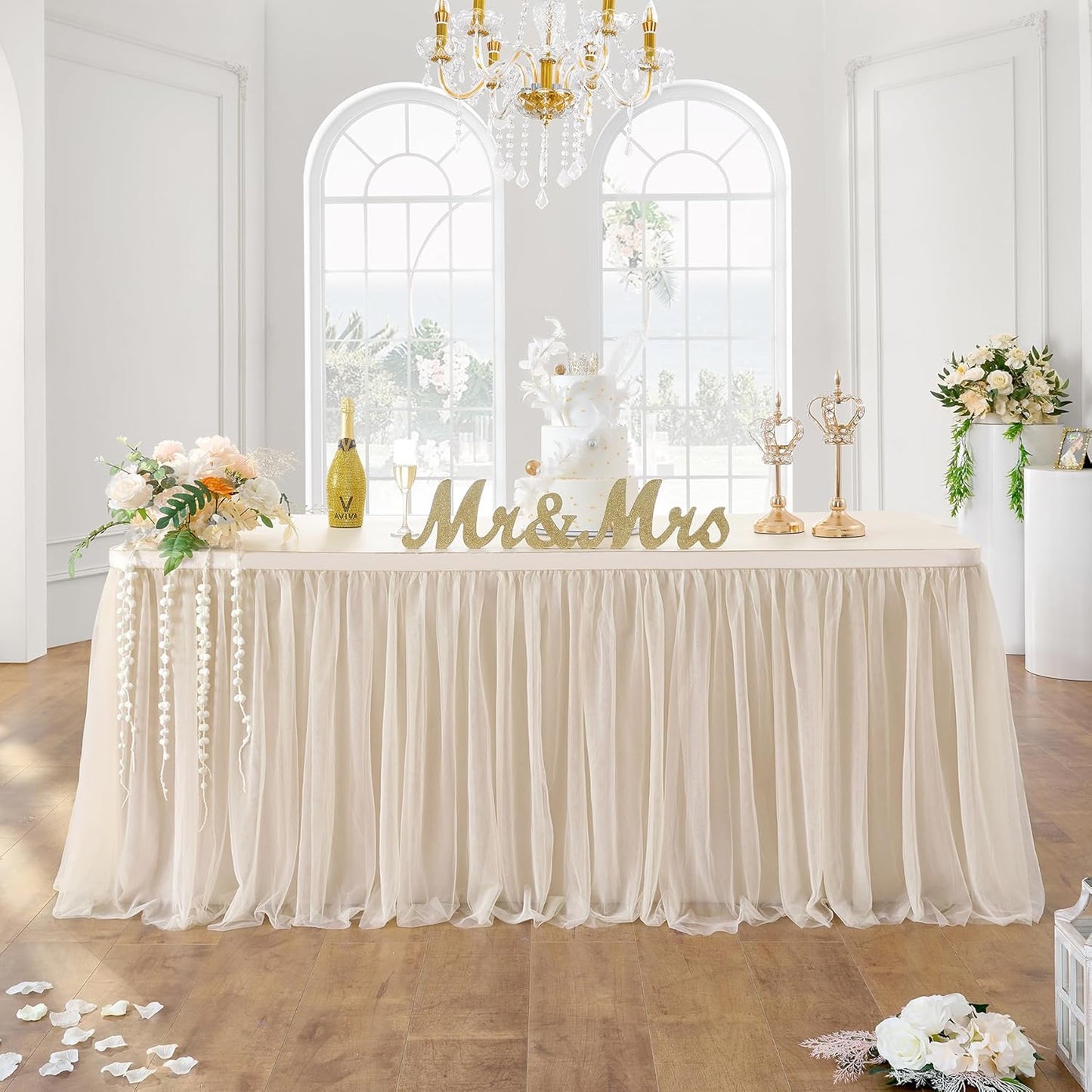 72inch Champagne Gold Tulle Table Skirts for Rectangle Round Tables, Gold Grim Ruffle Tulle Tutu Cloth Table Skirt 6ft for Wedding Birthday Party Cake Dessert Decor(No Top Cover)