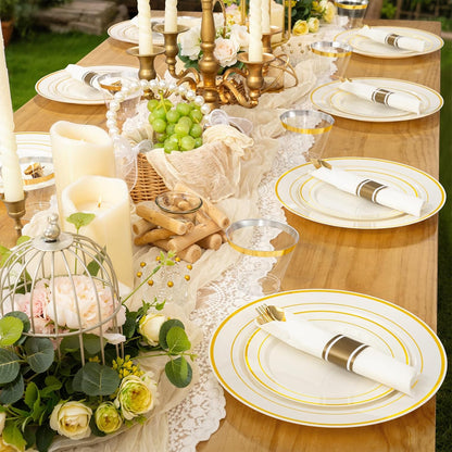 WELLIFE 350-Piece Gold Disposable Plates and Cutlery Set - Premium 10.25" Dinner Plates, 7.5" Dessert Plates, 9oz Cups & Cutlery for Weddings, Catering Events - 50 Guest Service - Elegant & Sturdy