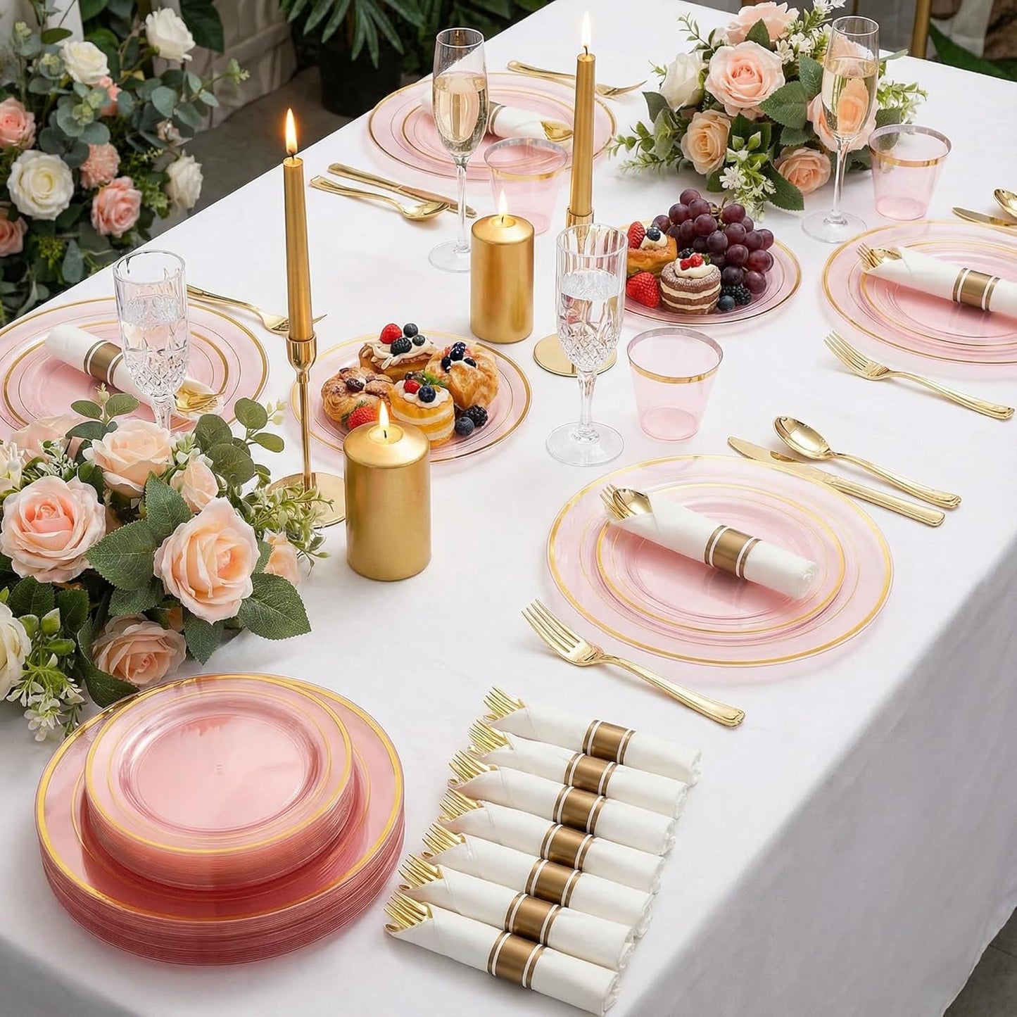 WELLIFE 350-Piece Gold Disposable Plates and Cutlery Set - Premium 10.25" Dinner Plates, 7.5" Dessert Plates, 9oz Cups & Cutlery for Weddings, Catering Events - 50 Guest Service - Elegant & Sturdy