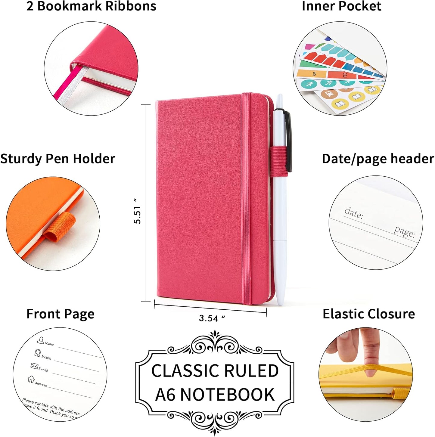 feela 6 Pack Pocket Small Notebooks Bulk, Mini Cute Memo Notepads Hardcover College Ruled Lined Journals with Pen Holder for Women Girls Office School, with 6 Black Pens, 3.5”x 5.5”, A6, Rose Pink