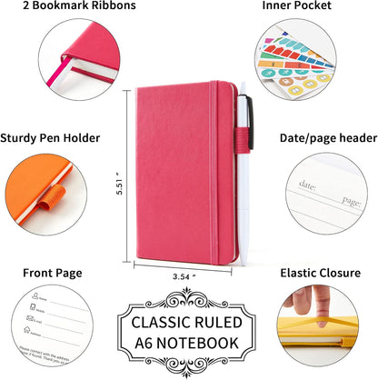 feela 6 Pack Pocket Small Notebooks Bulk, Mini Cute Memo Notepads Hardcover College Ruled Lined Journals with Pen Holder for Women Girls Office School, with 6 Black Pens, 3.5”x 5.5”, A6, Rose Pink