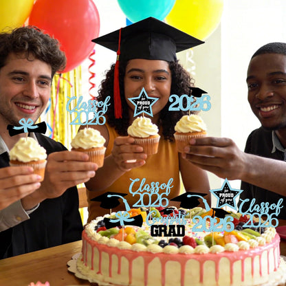 48 PCS Graduation Cupcake Toppers, Glittery 6 Styles Congrats Grad Cake Topper, Black and Red Graduation Decorations 2026, Cap and Diploma Cake Picks for Grad Party Supplies