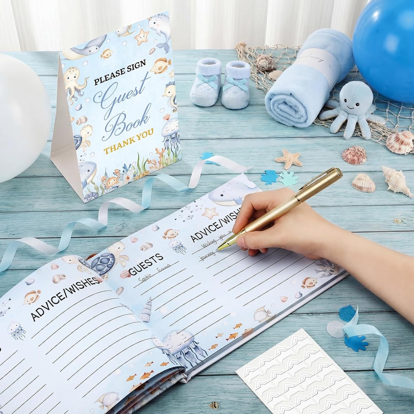 Fuyoooo 27 Pcs Safari Animal Baby Shower Guest Book Set Baby Shower Sign in Guest Floral Book Place Table Cards with Gold Pen Adhesive Photo Corner for Birthday Party