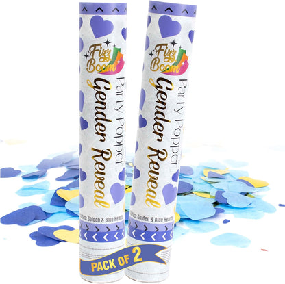 2 Pack Blue Heart-Shaped Confetti Poppers for Baby Gender Reveal | Blue Paper and gold mylar Baby Boy Party Supplies