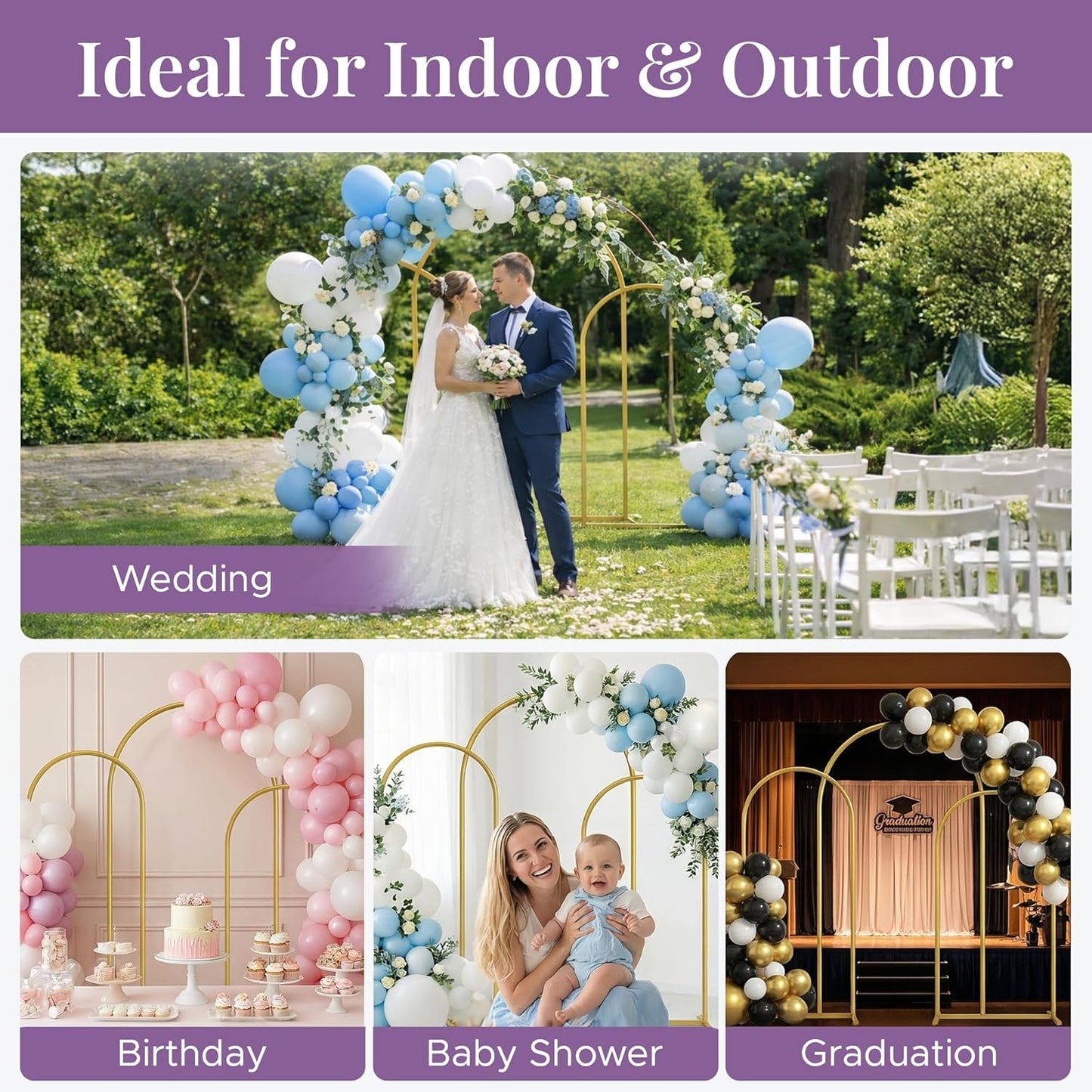 3 Pack Gold Metal Arch Backdrop Stand Set - 6FT, 5FT, 4FT Balloon Stand for Weddings Ceremony, Parties, and Baby Showers - Door Frame Backdrop Stand