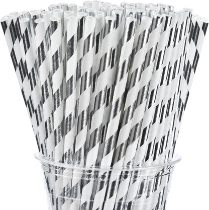 ALINK 100 White and Gold Striped Paper Straws, Biodegradable Disposable Drinking Straws for Birthday, Bridal/Baby Shower, Christmas, New Year, Party Decoration Supplies