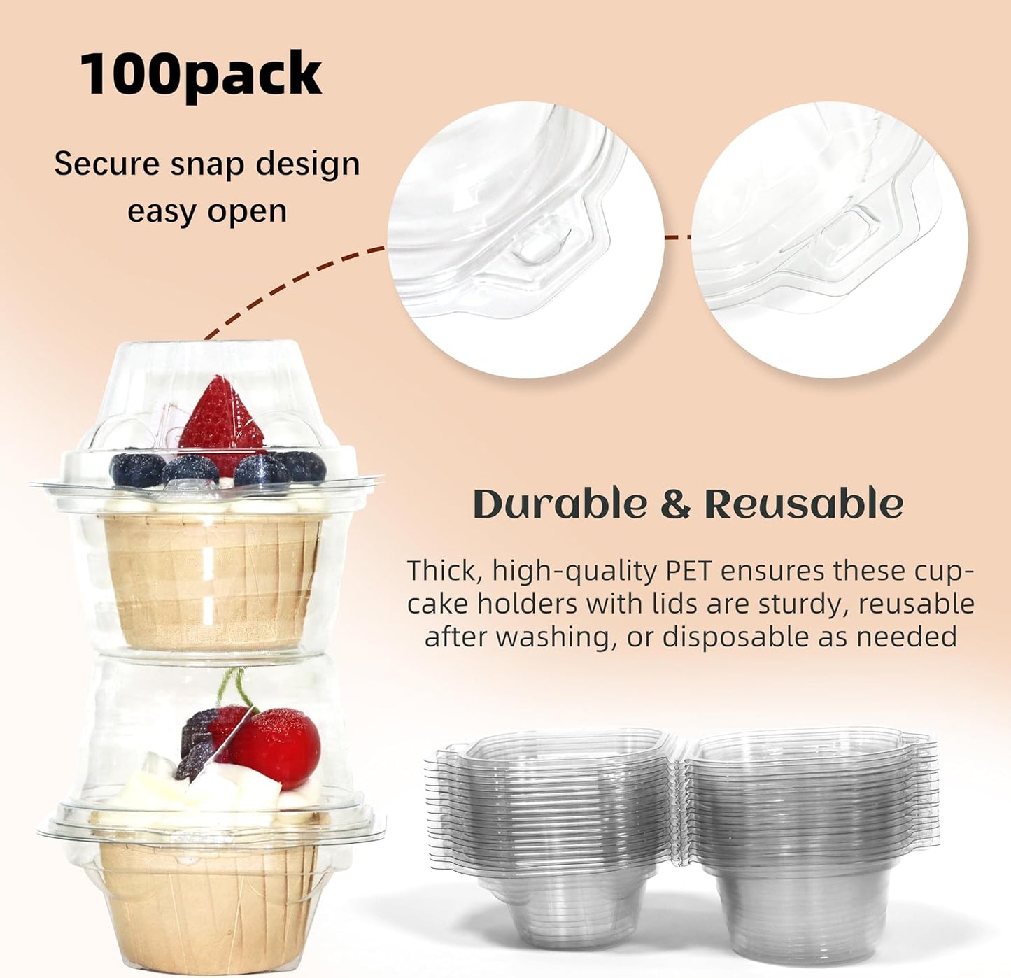 WIKDAY 50 Pack Individual Cupcake Containers, Plastic Cupcake Boxes with Lids, Stackable and Reusable, Clear Design for Cupcakes, Muffins, Donuts, Salad Storage