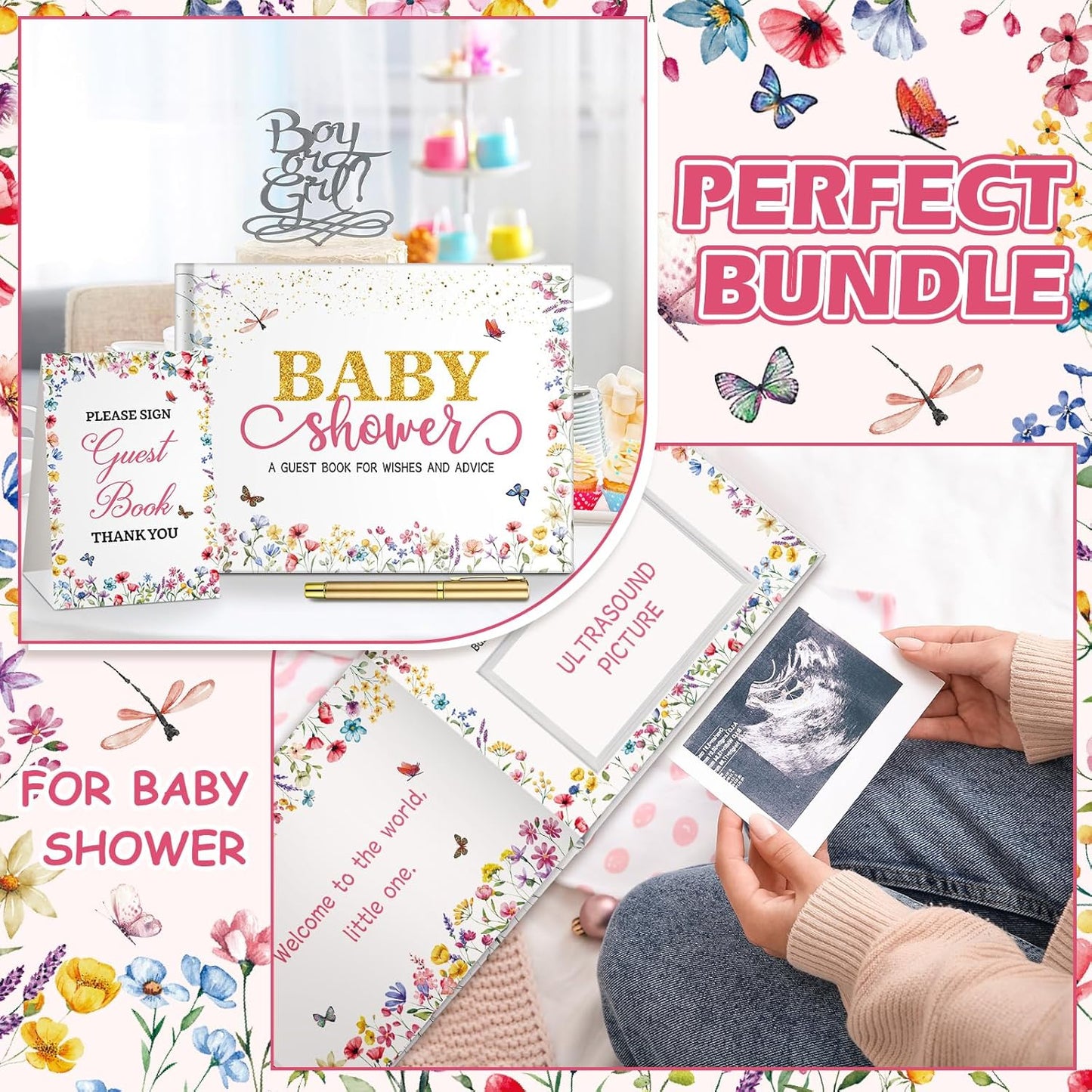 Fuyoooo 27 Pcs Safari Animal Baby Shower Guest Book Set Baby Shower Sign in Guest Floral Book Place Table Cards with Gold Pen Adhesive Photo Corner for Birthday Party