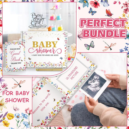 Fuyoooo 27 Pcs Safari Animal Baby Shower Guest Book Set Baby Shower Sign in Guest Floral Book Place Table Cards with Gold Pen Adhesive Photo Corner for Birthday Party
