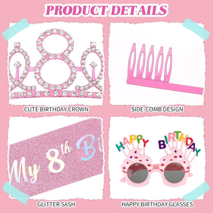 YARIEW 3rd Birthday Decorations, 3rd Glitter Purple Sash and Crown Kit with Happy Birthday Sunglasses, Tiara Princess Crown and Sash Party Outfit Accessory
