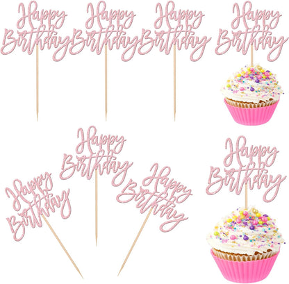 24 PCS Happy Birthday Cupcake Toppers Glitter Picks for Celebrating Anniversary Theme Party Cake Decorations Supplies Gold
