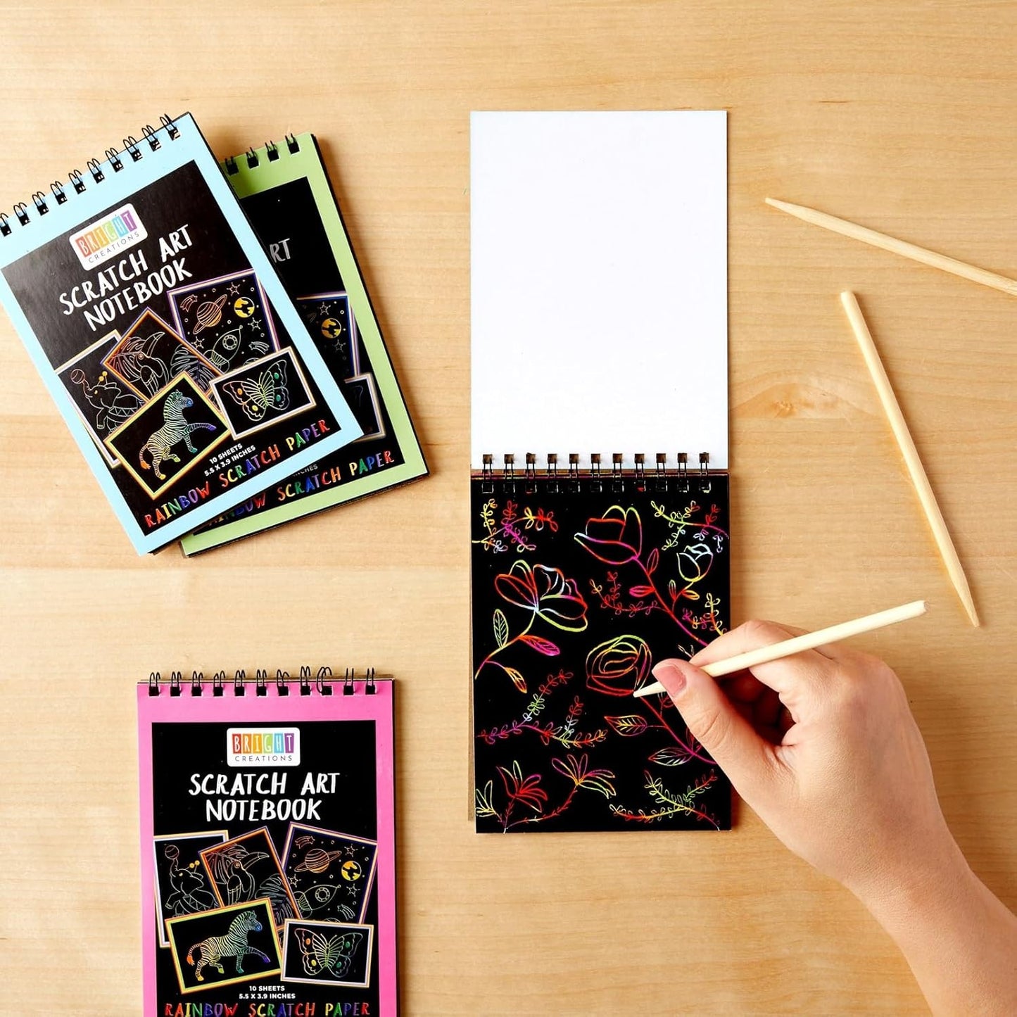 8 Pack Rainbow Scratch Paper Pads for Kids with Wooden Styluses, 10 Sheets (5.5 x 3.9 In)