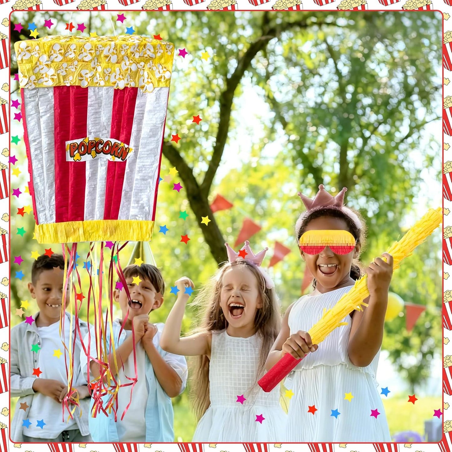 Popcorn Pinata Large Circus Piñata with Stick Hanging Loop Blindfold Star Confetti for Birthday Carnival Circus Party Video Movie Night Holiday Celebration Baby Shower Supplies 15 × 11.8 × 5.9 Inches
