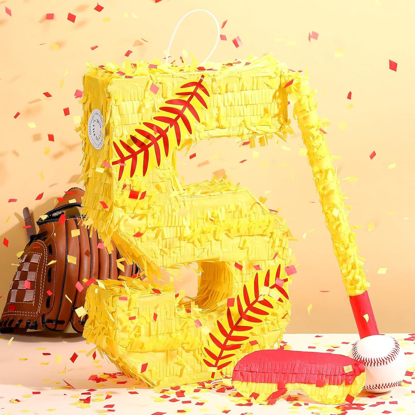 Soulchen Softball Number Piñata Set 16 Inch Yellow Softball Piñata with Blindfold Bat Confetti for Ball Sports Themed Birthday School Party Supplies Outdoor Game Decoration(Number 5)