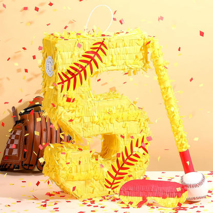 Soulchen Softball Number Piñata Set 16 Inch Yellow Softball Piñata with Blindfold Bat Confetti for Ball Sports Themed Birthday School Party Supplies Outdoor Game Decoration(Number 5)