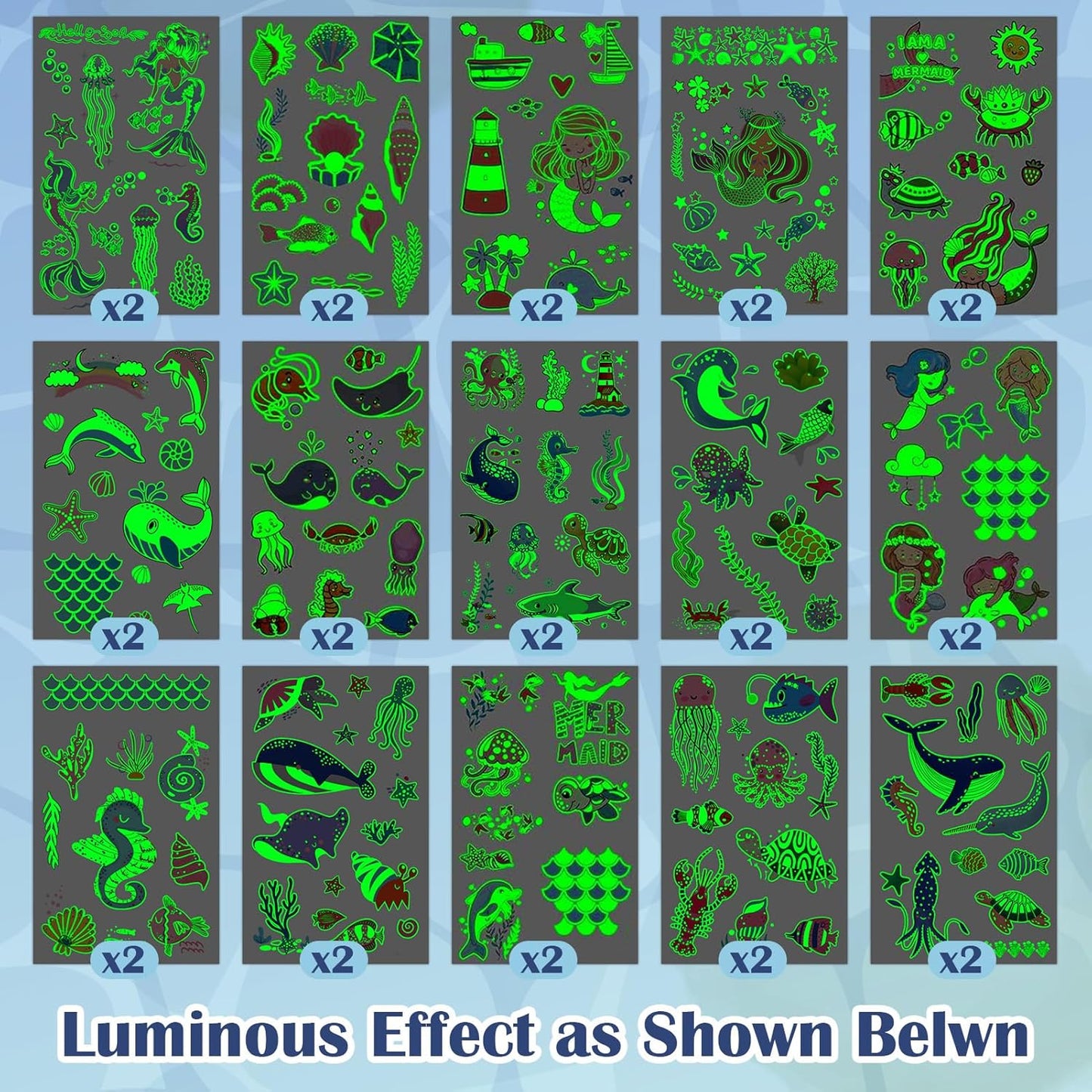 Partywind 380 Styles (30 Sheets) Luminous Tattoos for Kids, Mixed Styles Temporary Tattoos Stickers with Mermaid/Dinosaur/Space/Pirate for Boys and Girls, Glow Party Supplies