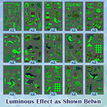 Partywind 380 Styles (30 Sheets) Luminous Tattoos for Kids, Mixed Styles Temporary Tattoos Stickers with Mermaid/Dinosaur/Space/Pirate for Boys and Girls, Glow Party Supplies