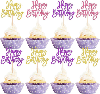 24 PCS Happy Birthday Cupcake Toppers Glitter Picks for Celebrating Anniversary Theme Party Cake Decorations Supplies Gold