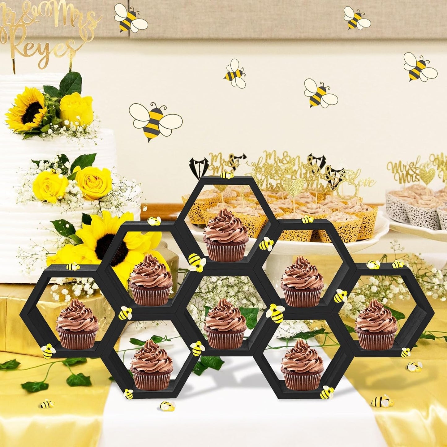 8 Pcs 4.13 Inch Honeycomb Cupcake Stand Cake Farmhouse Hexagon Display Holder Hexagonal Wood Cupcake Stand Floating Table Sign with Wooden Bee for Wedding Baby Shower Birthday Party Table Decorations
