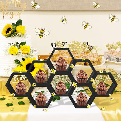 8 Pcs 4.13 Inch Honeycomb Cupcake Stand Cake Farmhouse Hexagon Display Holder Hexagonal Wood Cupcake Stand Floating Table Sign with Wooden Bee for Wedding Baby Shower Birthday Party Table Decorations