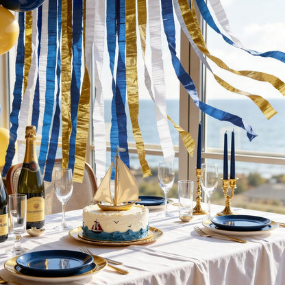 NICROLANDEE Navy Blue Party Decorations - 6 Rolls Navy Blue Gold Ivory Crepe Paper Streamers Tassels Paper for Graduation Party Bridal Shower Wedding Birthday Supplies