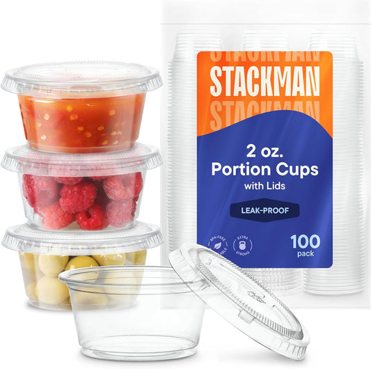 [100 Sets - 5.5 oz.] Plastic Clear Portion Cups, Snack / Yogurt /Parfait/ Pudding / Souffle /Dessert Cups, Disposable Containers with Lids 5.5oz.