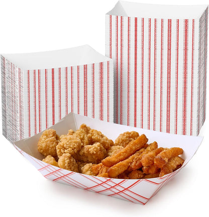 ECOLipak 100 Pack 3lb Paper Food Tray Red, Disposable Paper Boats, Food Holder Trays, Serving Boats for Taco Nacho Hot Dog Snack Fries Dessert Popcorn Sauce