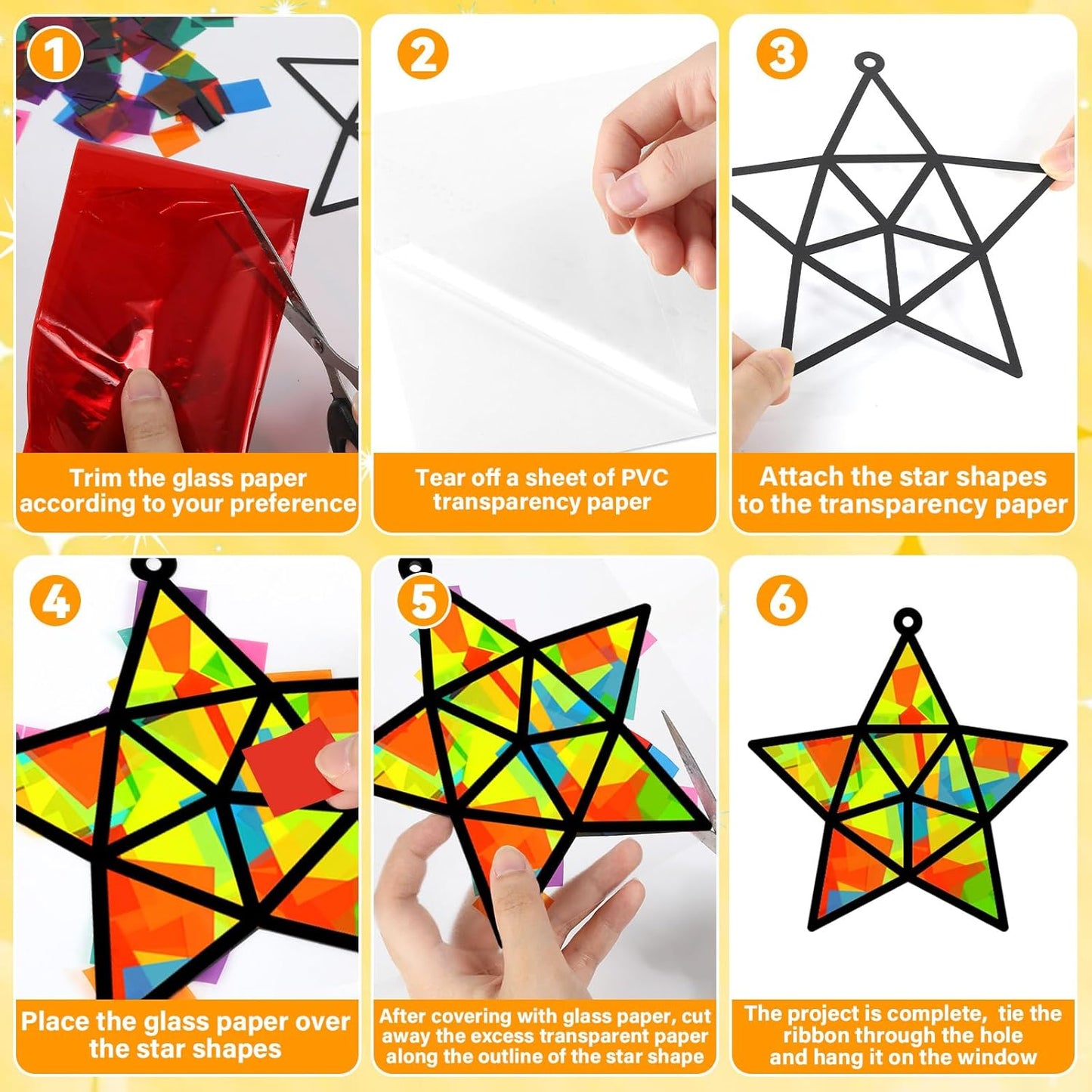 QOUBAI 32 Sets Stars Suncatchers Craft Back to School DIY Stained Glass Window Patriotic 4th of July Paper Craft Home School Classroom Decor Kid Birthday Gift Creative Art Activity Game - Colors A
