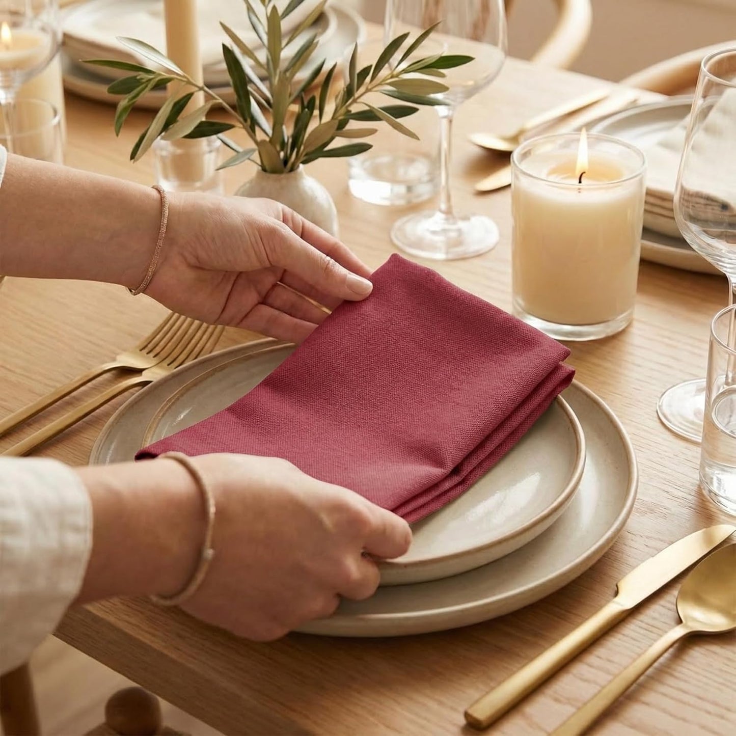 ACCENTHOME Natural Cotton Linen Napkin Set of 12 18x18 inch Dinner Napkins - Washable Soft Premium Hotel Quality Reusable Hemmed Edges Napkins Perfect Table Linens for Family Dinners, Weddings