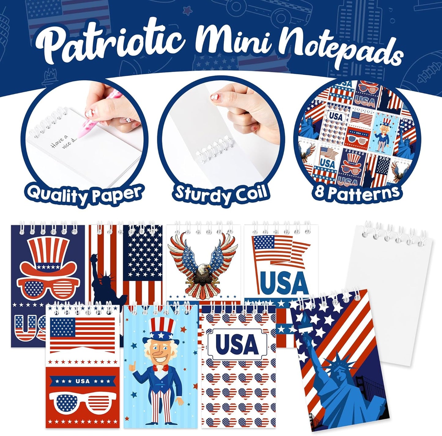 24Pcs Patriotic Mini Notepads, Red White Blue 4th of July Spiral Notebooks Bulk, USA American Pocket Memo Pads for Memorial Independence Day 250th anniversary Party Favors Gifts Office School Supplies