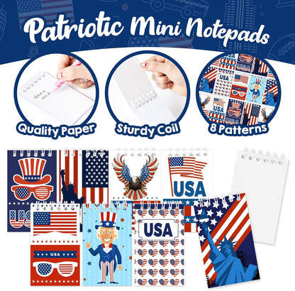 24Pcs Patriotic Mini Notepads, Red White Blue 4th of July Spiral Notebooks Bulk, USA American Pocket Memo Pads for Memorial Independence Day 250th anniversary Party Favors Gifts Office School Supplies