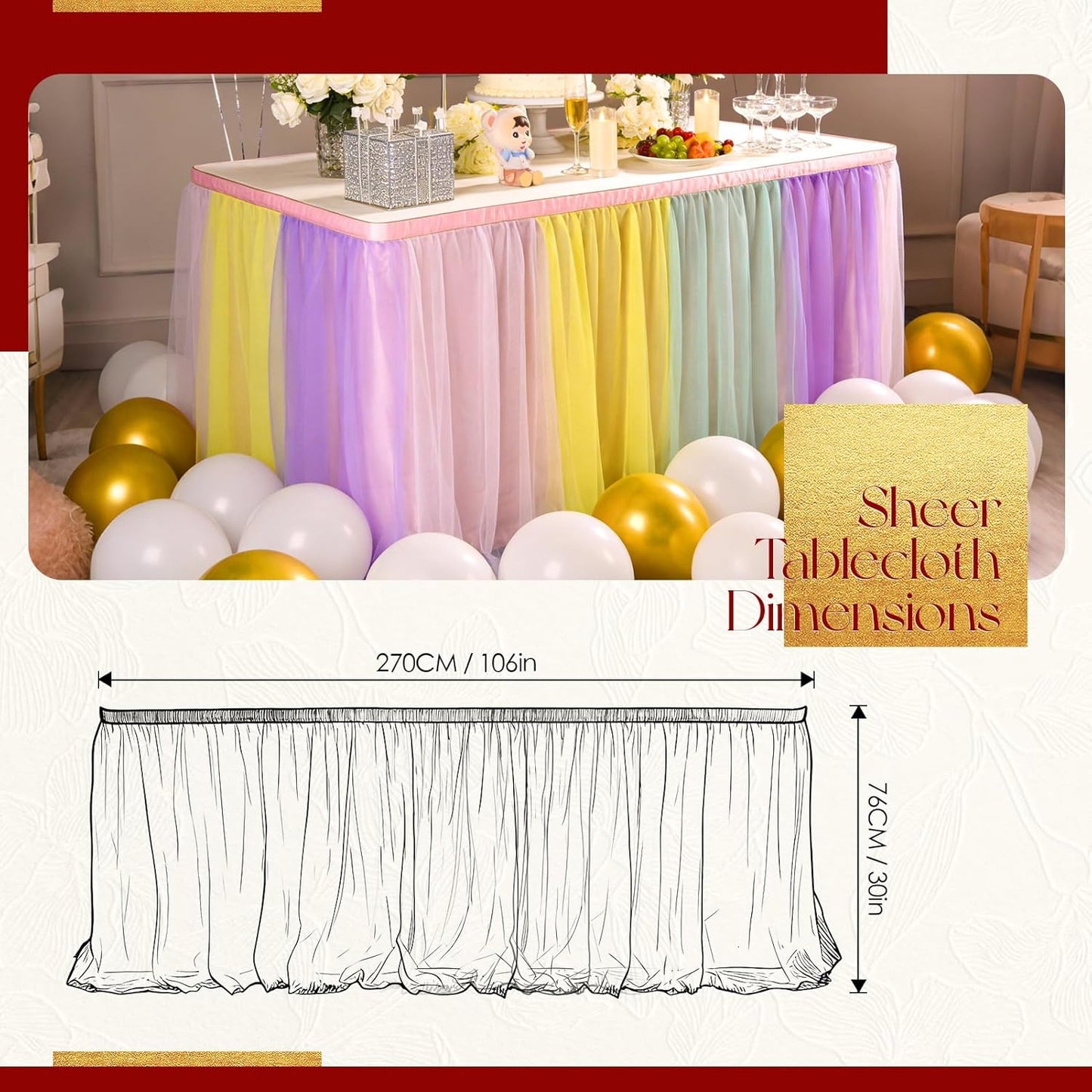THARAHT Tulle Table Skirt 6FT 180CM Long for Rectangle Tables Round Tables Ruffle Desk Skirt for Princess Girls Birthday Party Cake Dessert Decorations Table Skirt