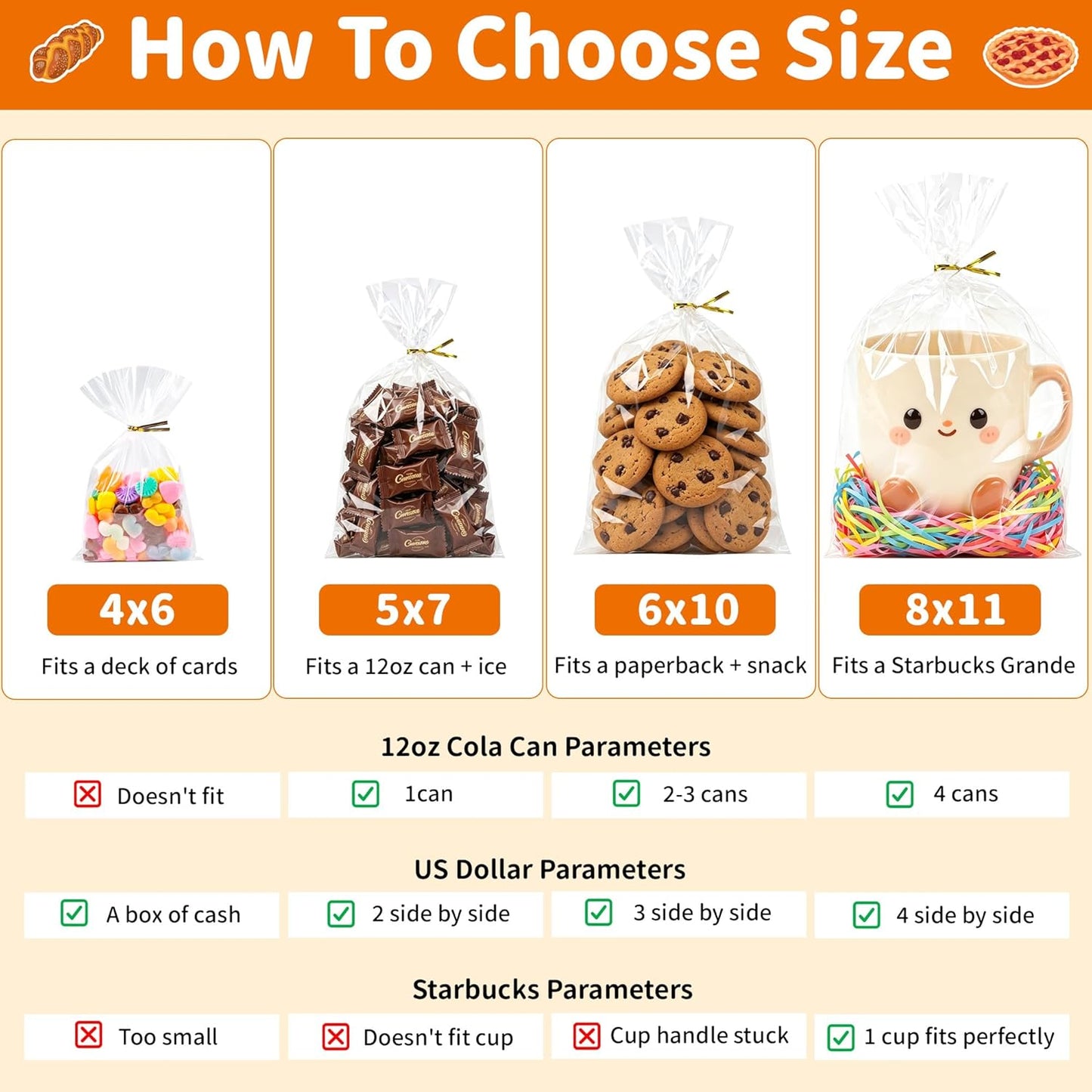 50pcs Clear Cellophane Treat Bags - 8 x 11 Inches Large Plastic Gift Bags with 60 Gold Twist Ties - Food Grade Cello Bags for Packaging Cookies, Candies, Popcorn, Bakery, Party Favors & DIY Crafts