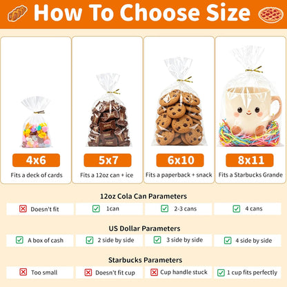 50pcs Clear Cellophane Treat Bags - 8 x 11 Inches Large Plastic Gift Bags with 60 Gold Twist Ties - Food Grade Cello Bags for Packaging Cookies, Candies, Popcorn, Bakery, Party Favors & DIY Crafts