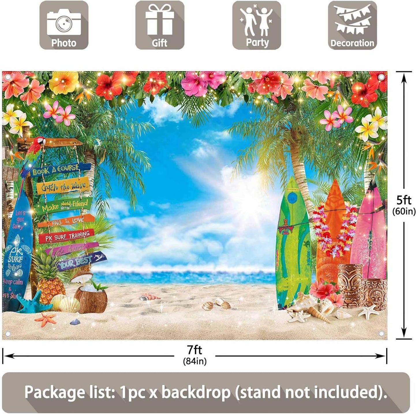 7x5ft Summer Hawaiian Beach Photography Backdrop Tropical Flower Palm Leaves Surfboard Background for Luau Aloha Party Decoration Banner Photo Booth