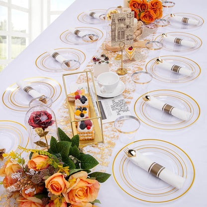 WELLIFE 350-Piece Gold Disposable Plates and Cutlery Set - Premium 10.25" Dinner Plates, 7.5" Dessert Plates, 9oz Cups & Cutlery for Weddings, Catering Events - 50 Guest Service - Elegant & Sturdy