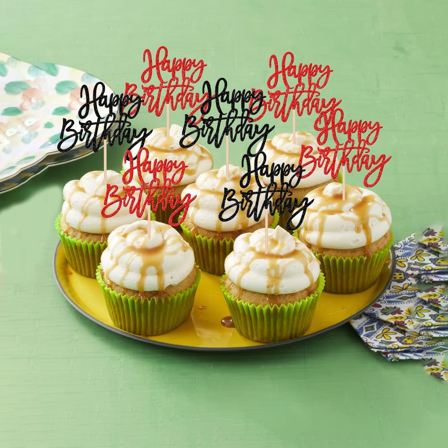 24 PCS Happy Birthday Cupcake Toppers Glitter Picks for Celebrating Anniversary Theme Party Cake Decorations Supplies Gold