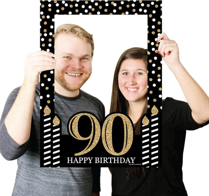 Big Dot of Happiness Adult 90th Birthday - Gold - Birthday Party Selfie Photo Booth Picture Frame & Props - Printed on Sturdy Material