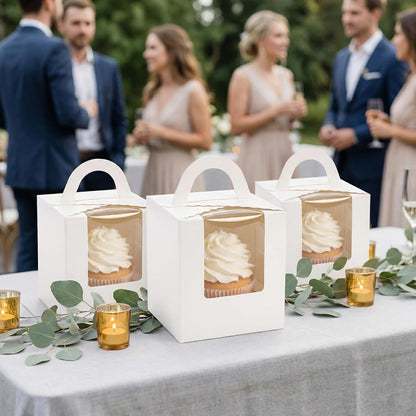 Jucoan 100 Pack White Single Cupcake Boxes, Kraft Paper Individual Cupcake Container with Window Insert Handle, Portable Bakery Containers for Small Cake, Muffins, Birthday Wedding Baby Shower Party